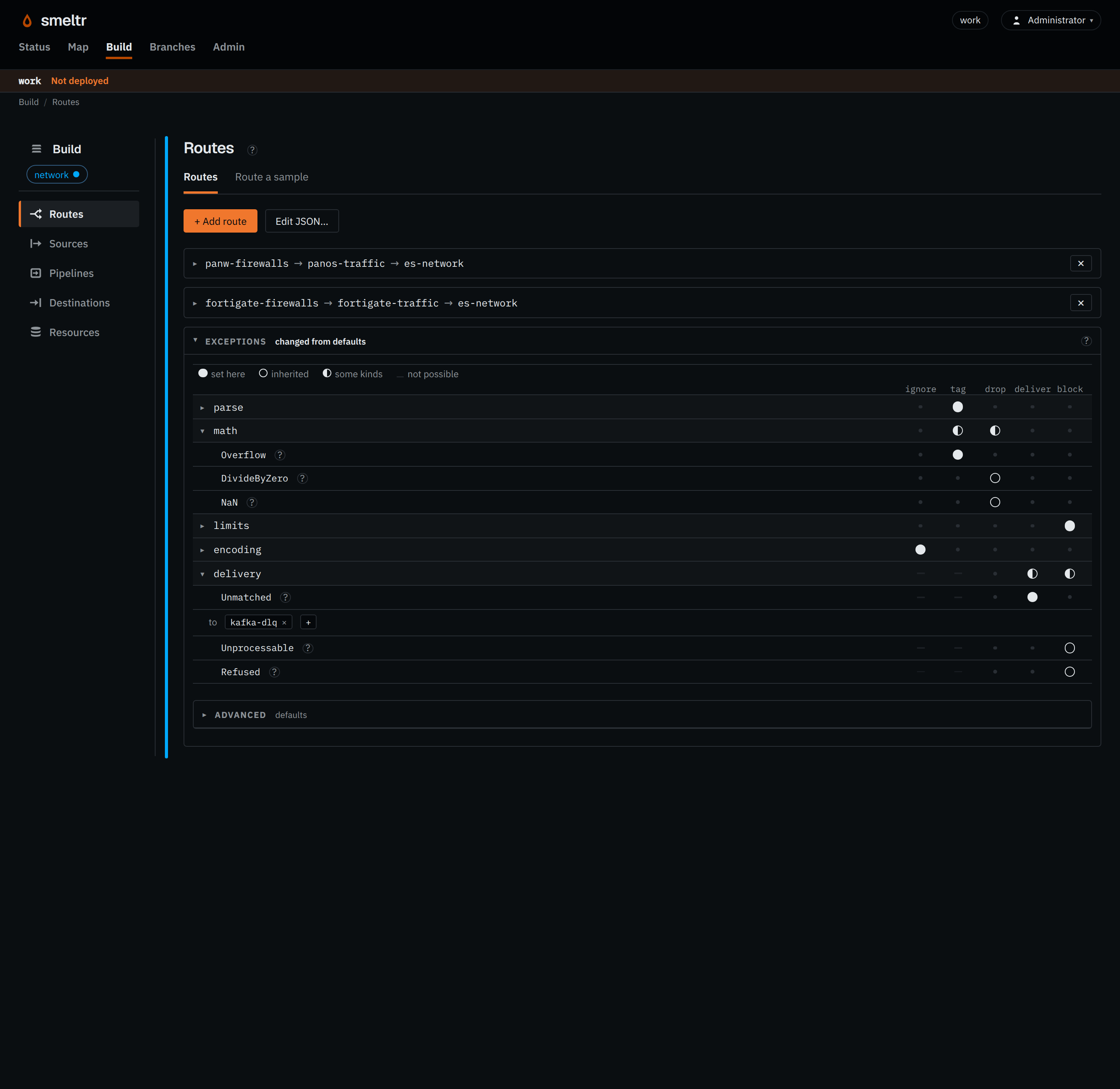 The Exceptions on the Routes page: math is dropped, limits block the source, and Overflow, a math kind, is tagged.