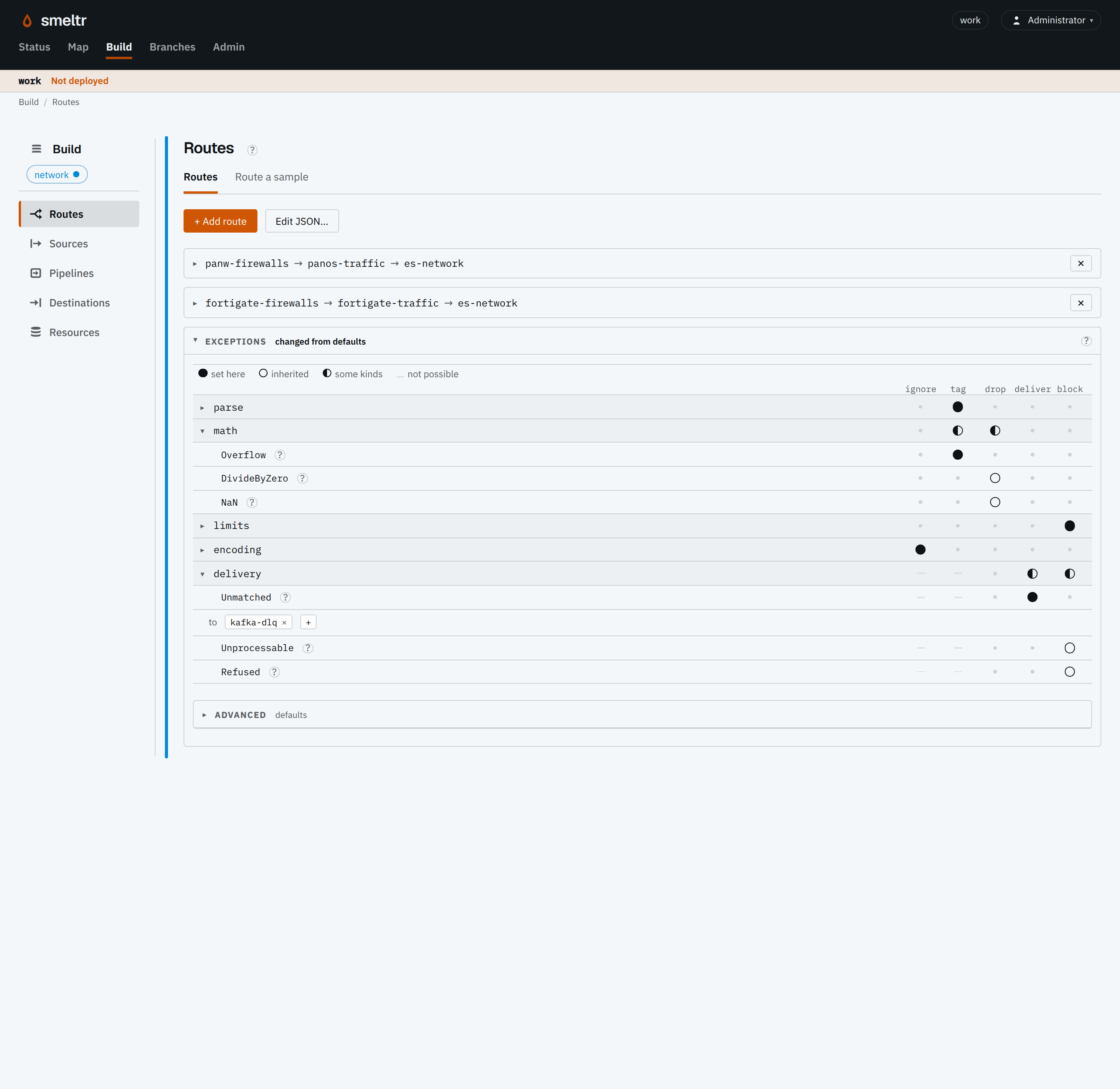 The Exceptions on the Routes page: math is dropped, limits block the source, and Overflow, a math kind, is tagged.