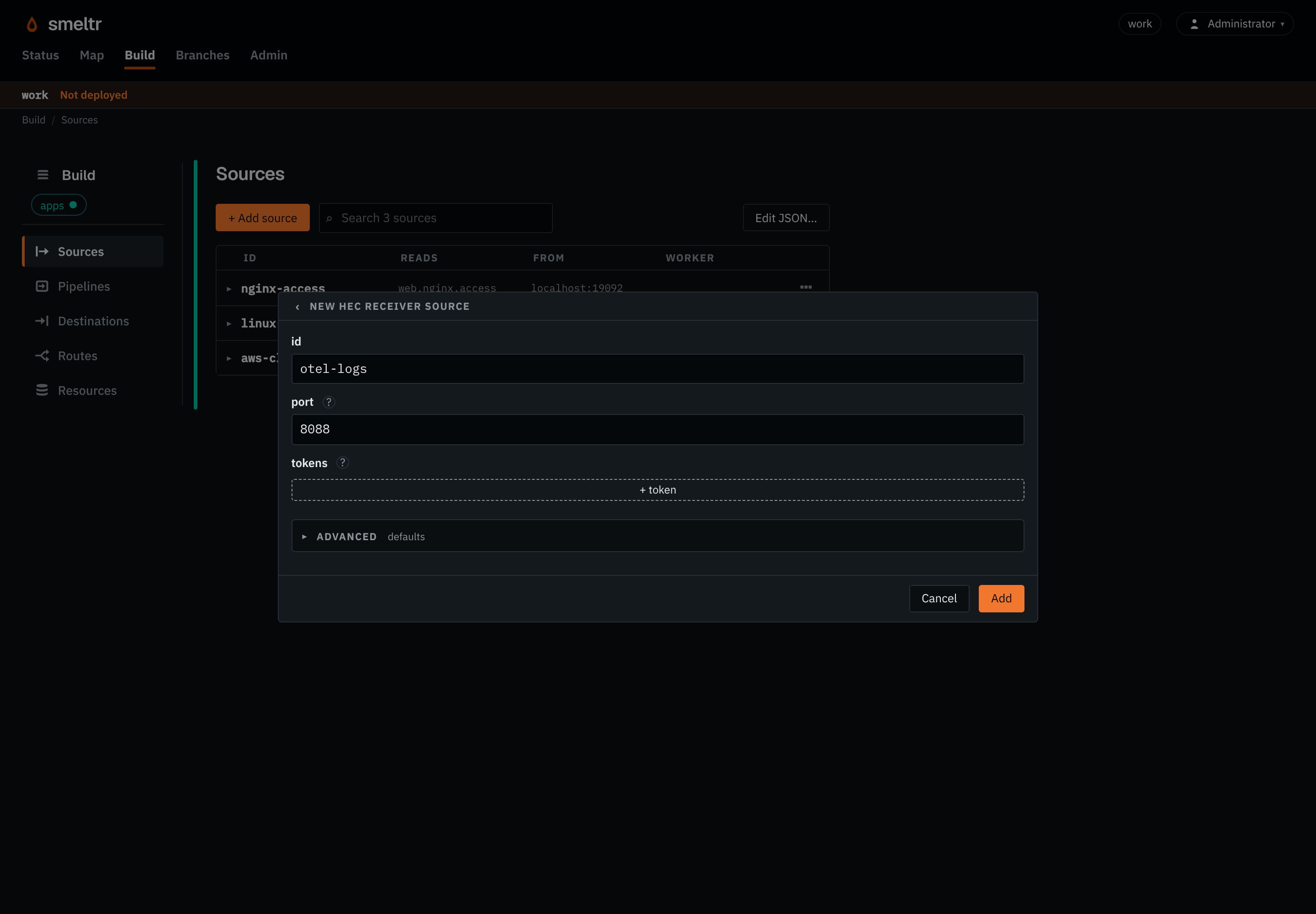 The HEC receiver form on the Sources page: id otel-logs, port 8088, no tokens yet.