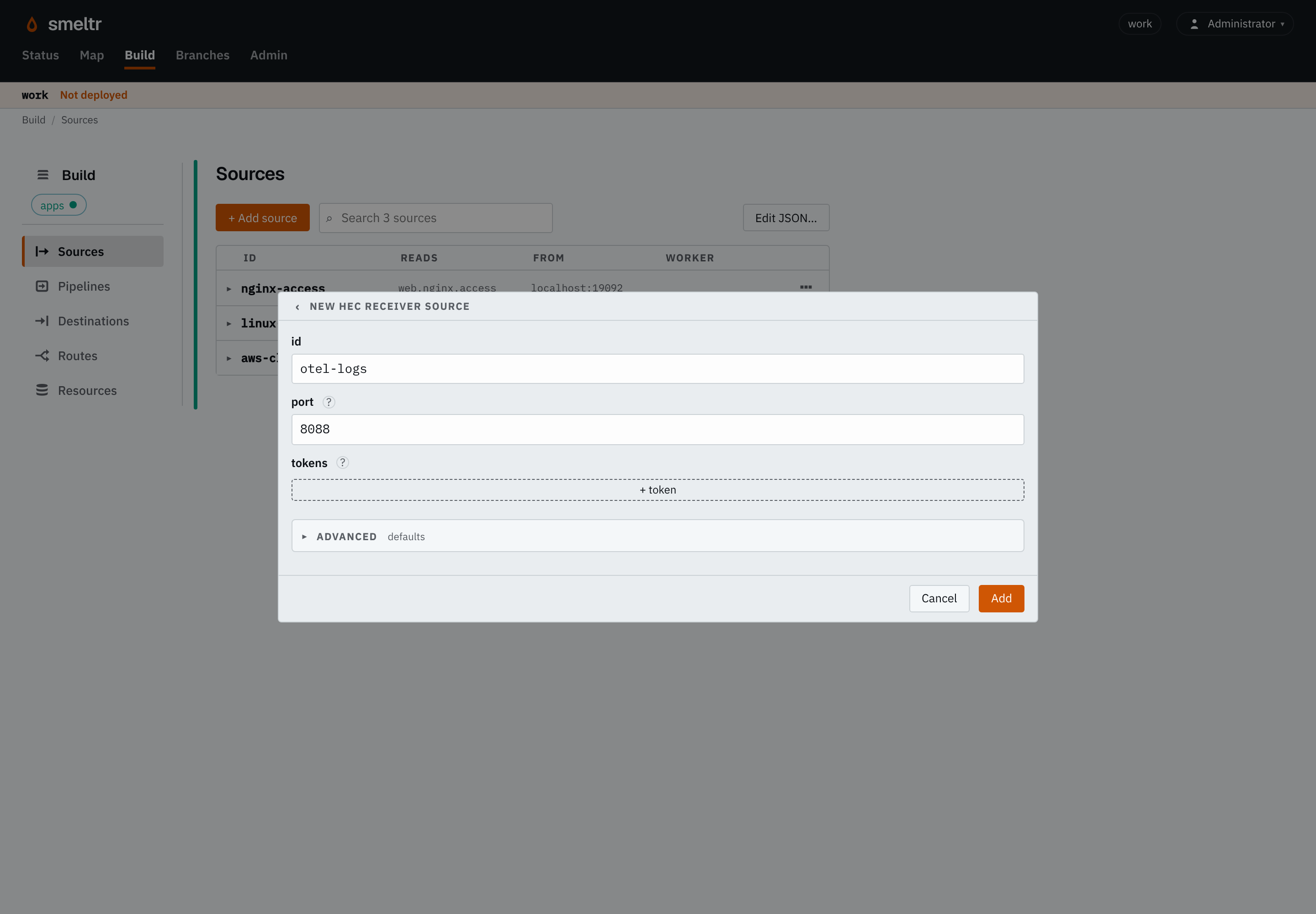 The HEC receiver form on the Sources page: id otel-logs, port 8088, no tokens yet.