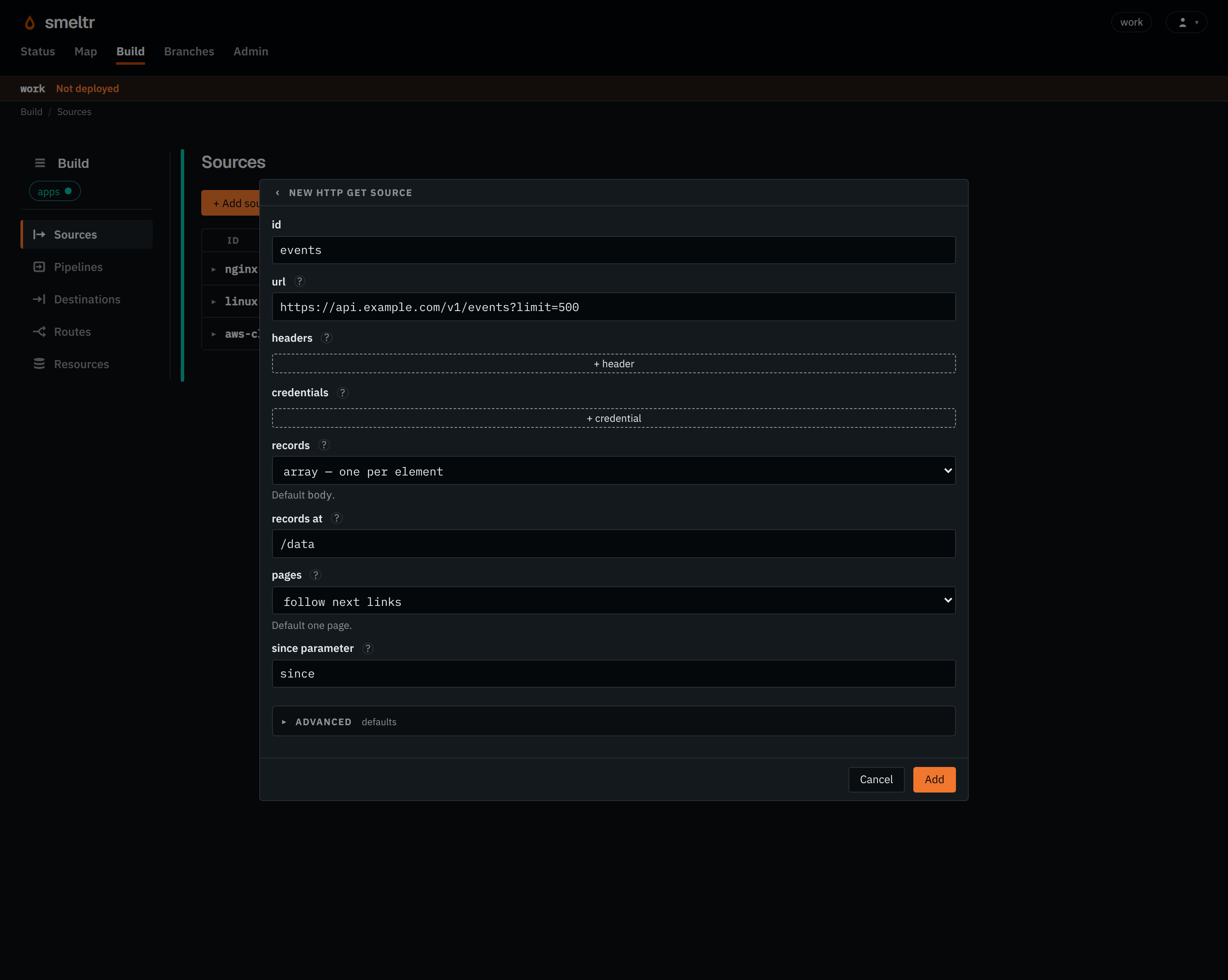 The HTTP API form on the Sources page: id events, the URL, records array at /data, pages follow next links, since parameter since.