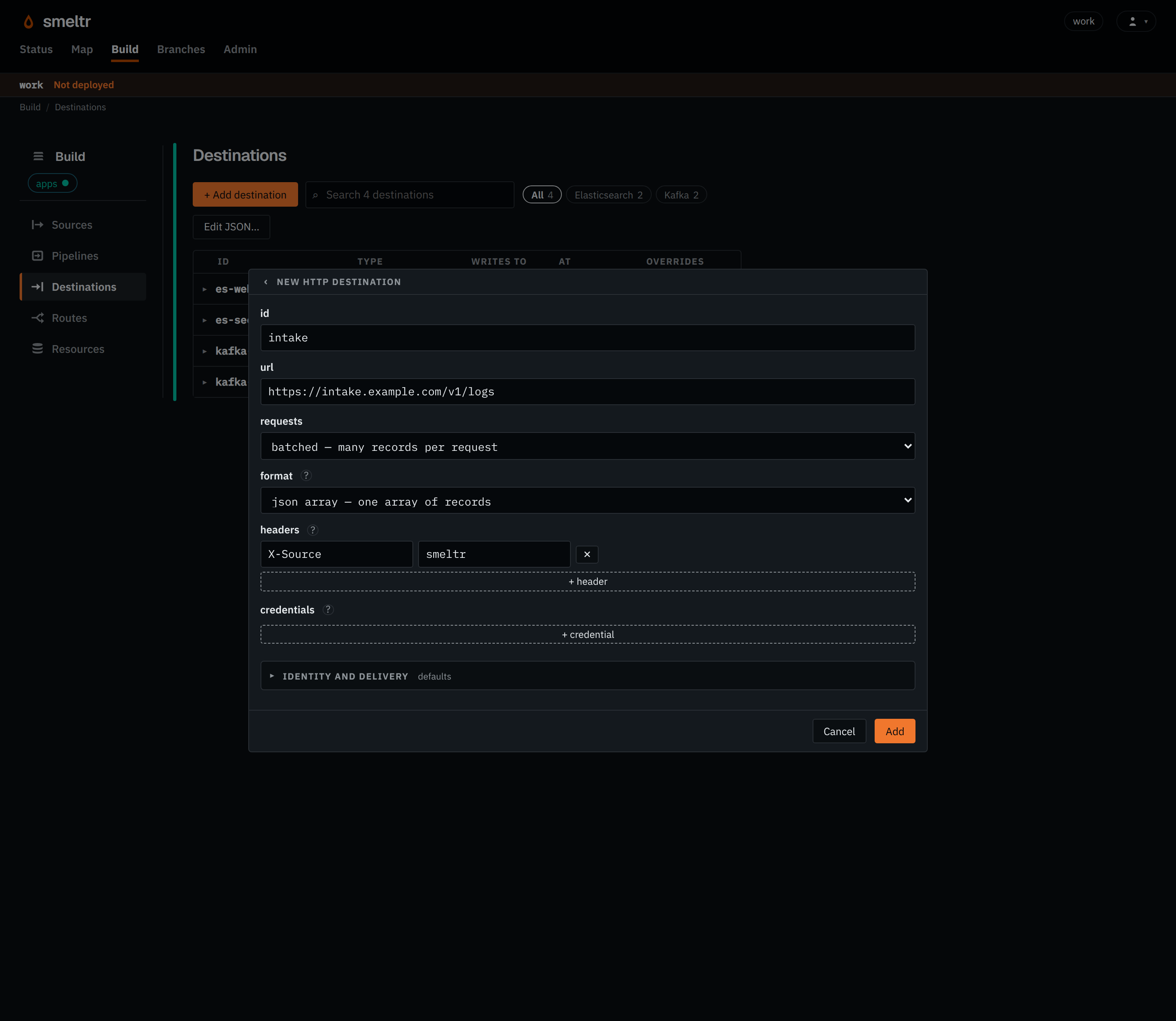 The HTTP form on the Destinations page: id intake, its URL, batched requests as a JSON array, and the header X-Source.