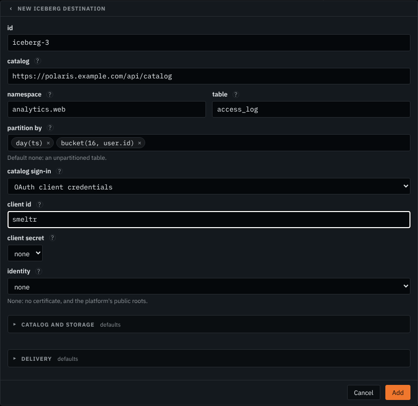 The Apache Iceberg form on the Destinations page: catalog https://polaris.example.com/api/catalog, namespace analytics.web, table access_log, partition by day(ts) and bucket(16, user.id), catalog sign-in OAuth client credentials, client id smeltr.