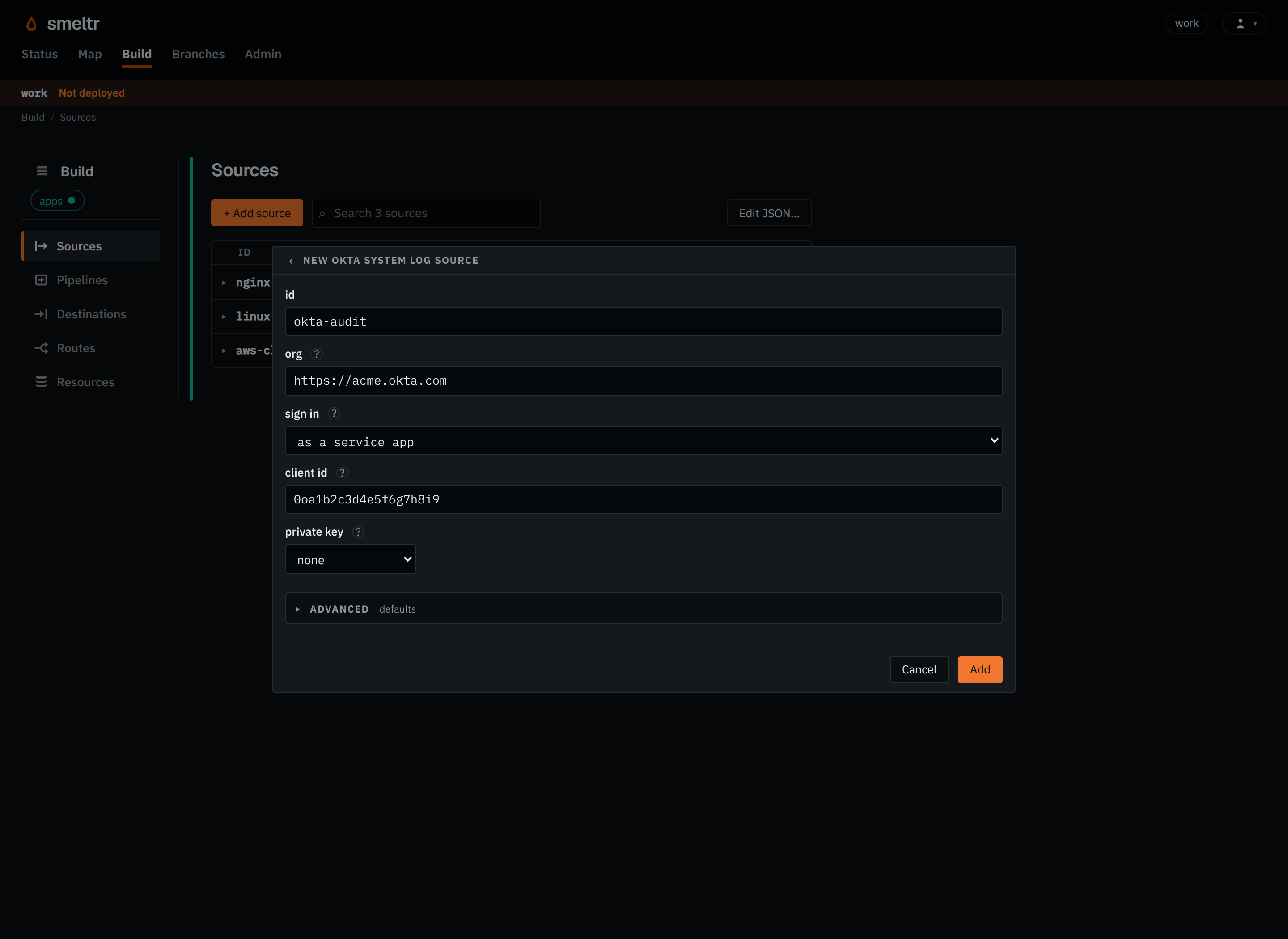 The Okta System Log form on the Sources page: id okta-audit, org https://acme.okta.com, sign in as a service app, client id 0oa1b2c3d4e5f6g7h8i9.
