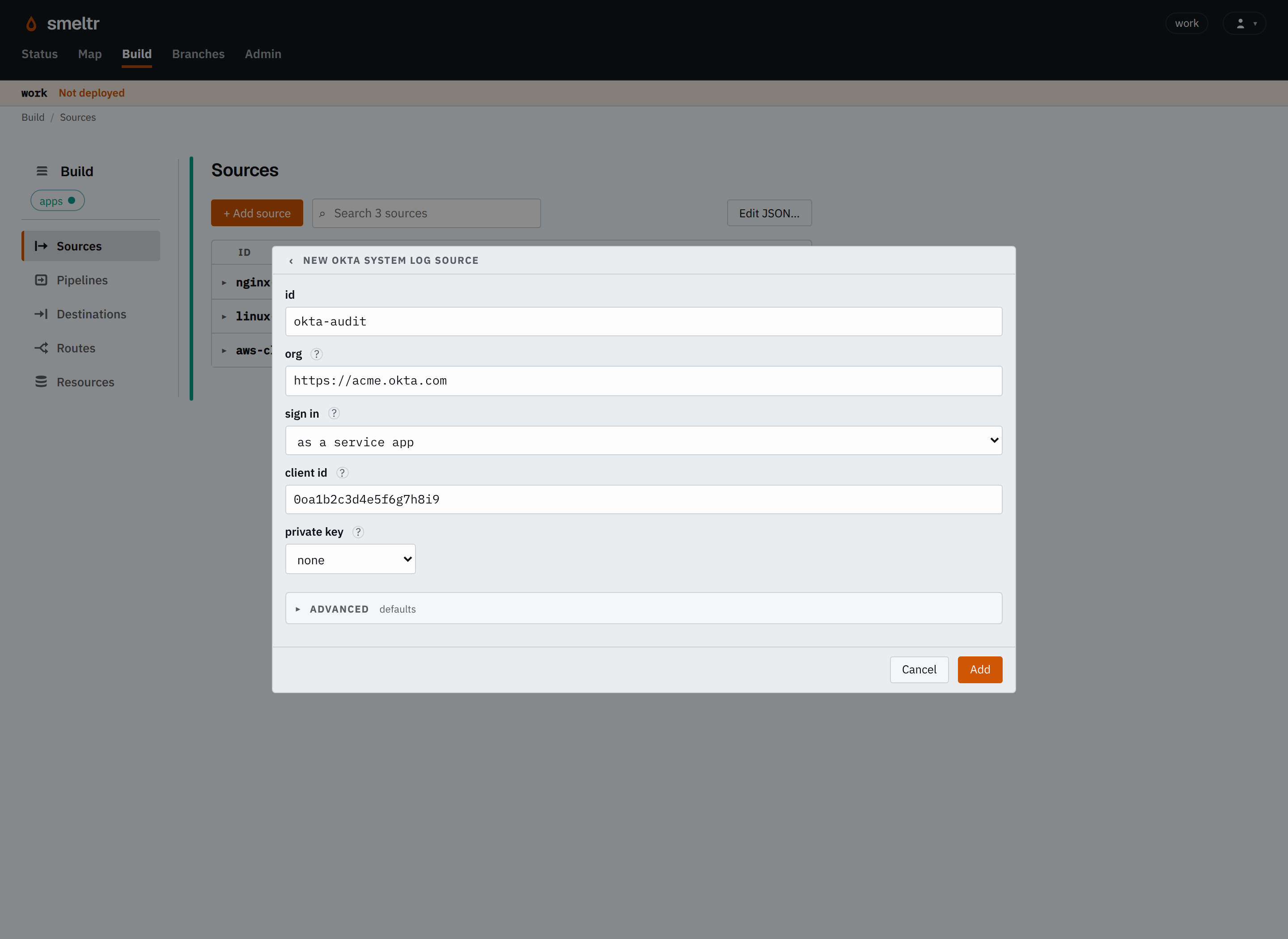 The Okta System Log form on the Sources page: id okta-audit, org https://acme.okta.com, sign in as a service app, client id 0oa1b2c3d4e5f6g7h8i9.