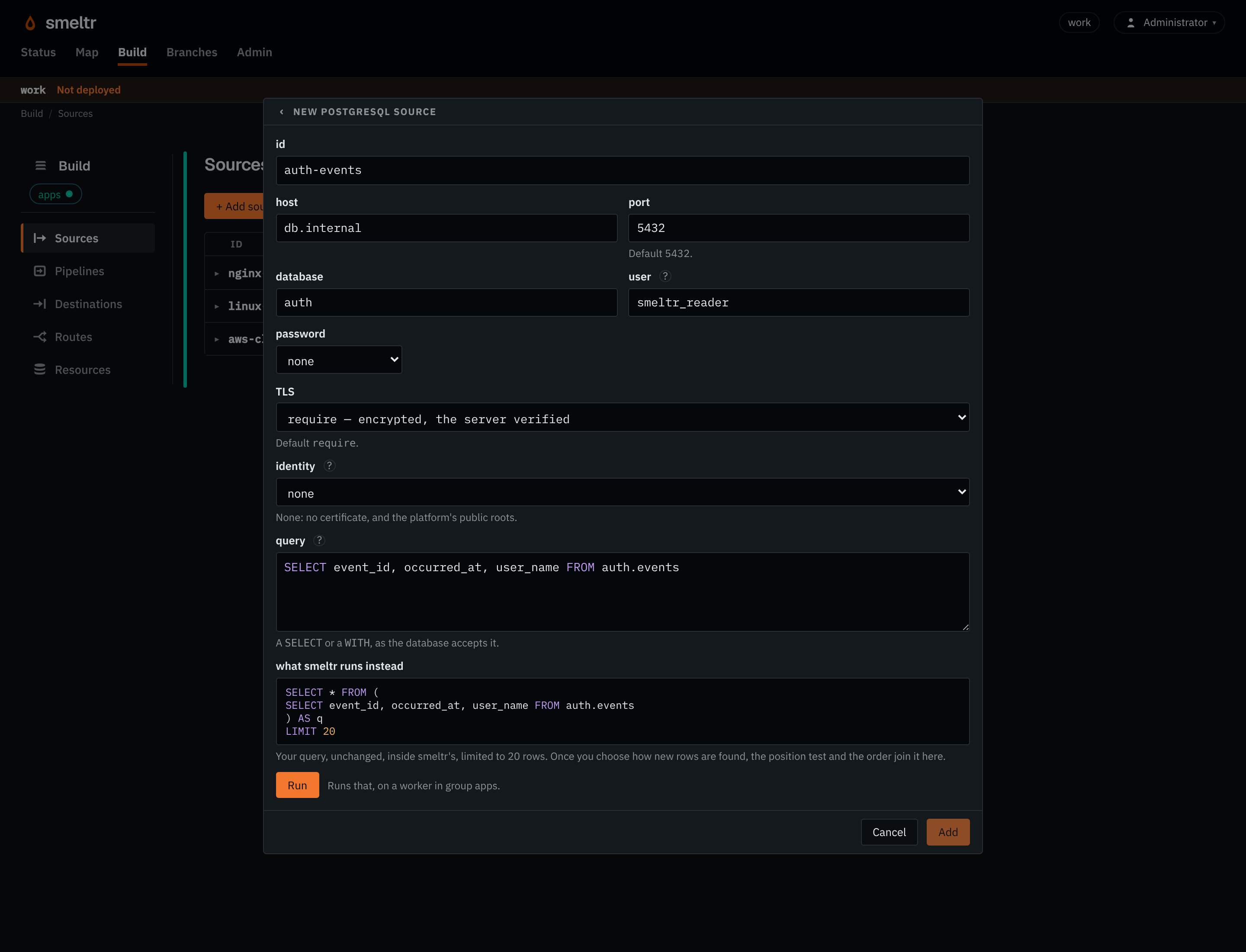 The PostgreSQL form on the Sources page: id auth-events, host db.internal, database auth, user smeltr_reader, and the query SELECT event_id, occurred_at, user_name FROM auth.events.