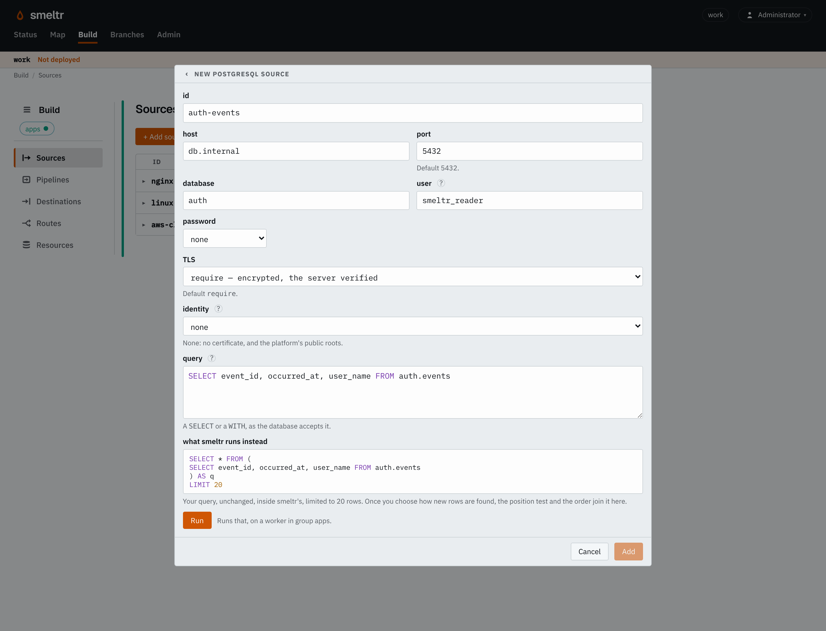 The PostgreSQL form on the Sources page: id auth-events, host db.internal, database auth, user smeltr_reader, and the query SELECT event_id, occurred_at, user_name FROM auth.events.