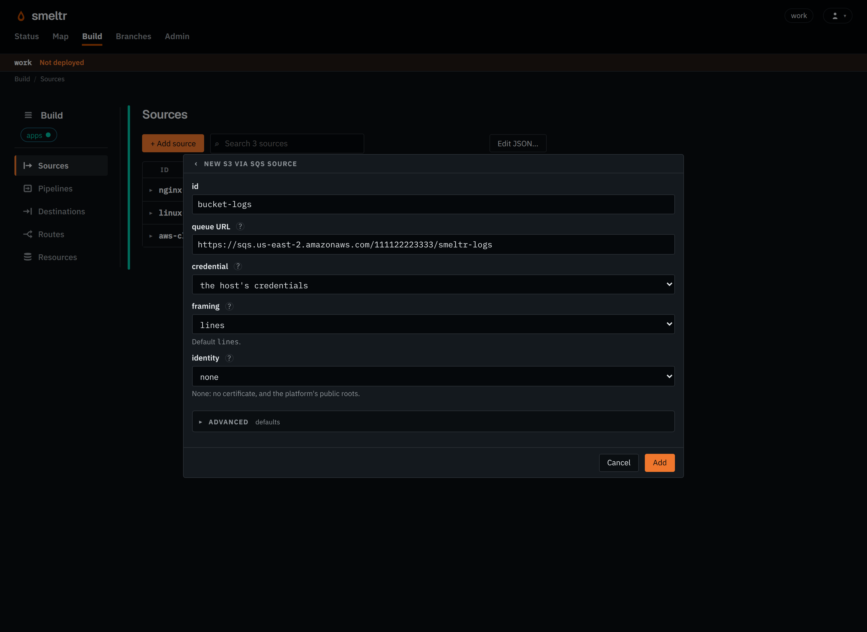The S3 via SQS form on the Sources page: id bucket-logs, its queue URL, framing lines.