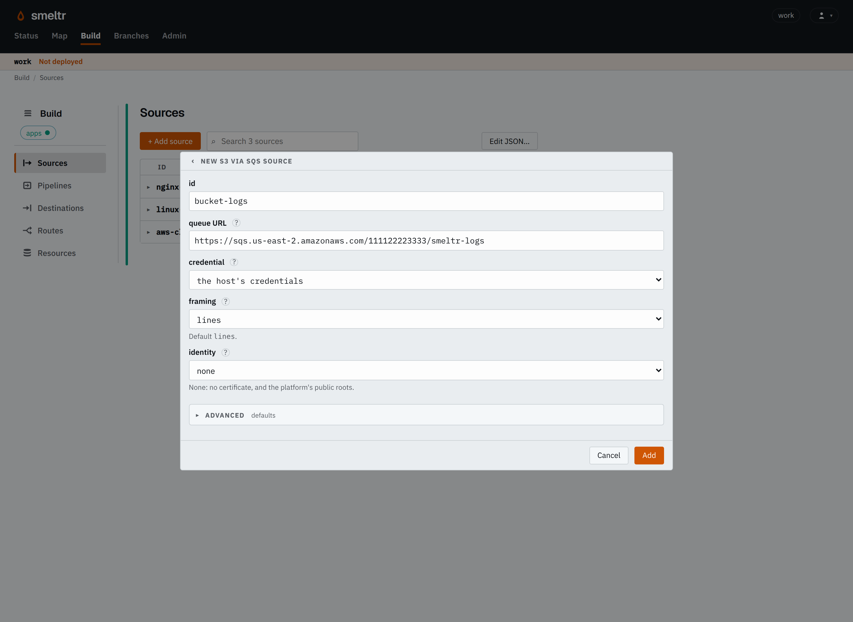 The S3 via SQS form on the Sources page: id bucket-logs, its queue URL, framing lines.