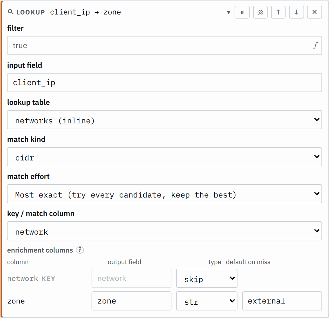 The lookup step's settings in the pipeline editor