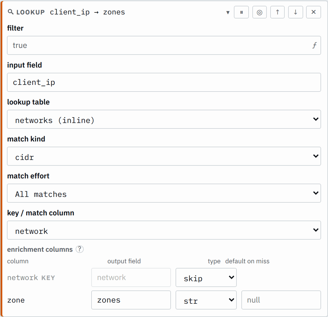 The lookup step's settings in the pipeline editor