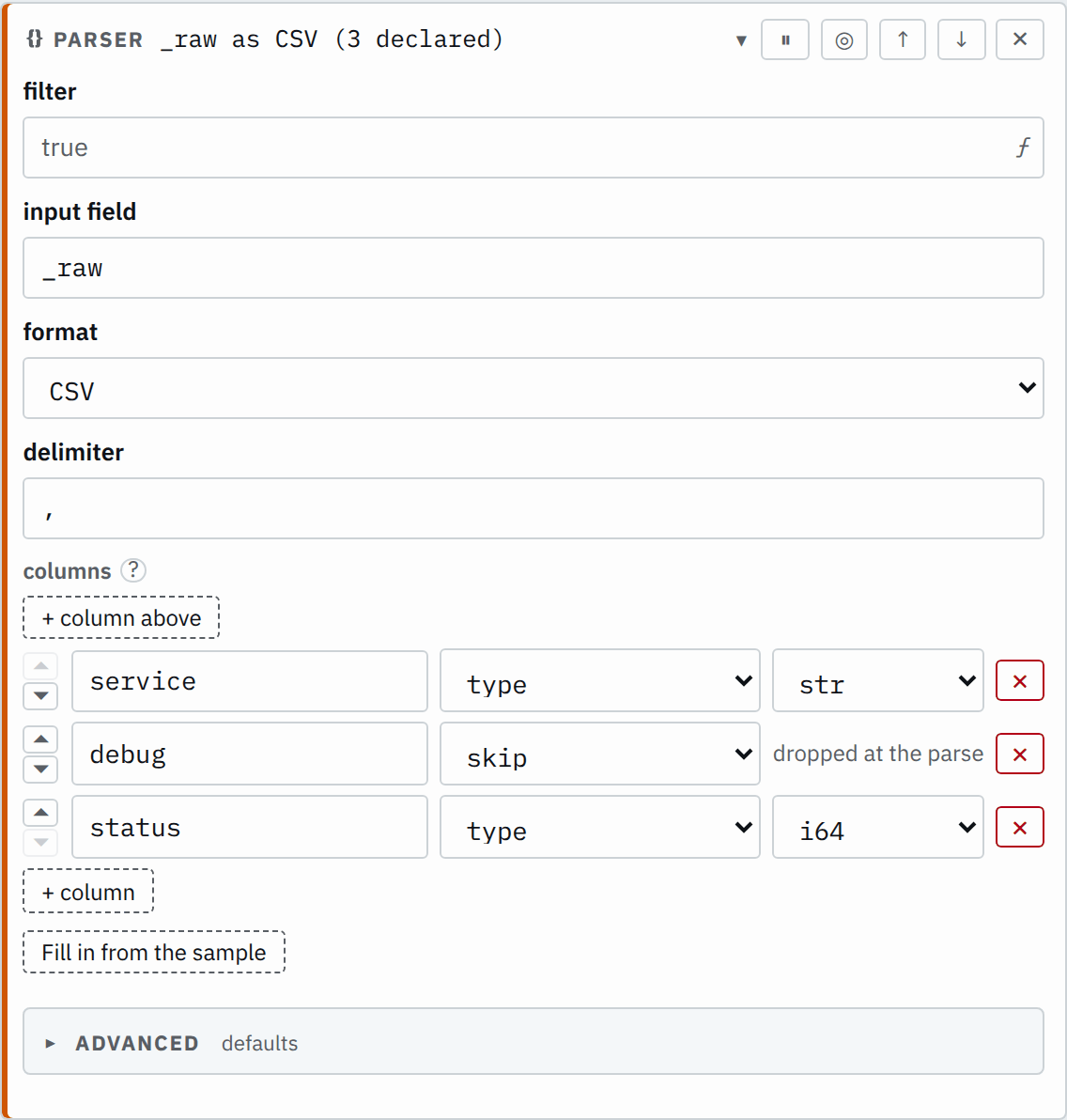 The parser step's settings in the pipeline editor