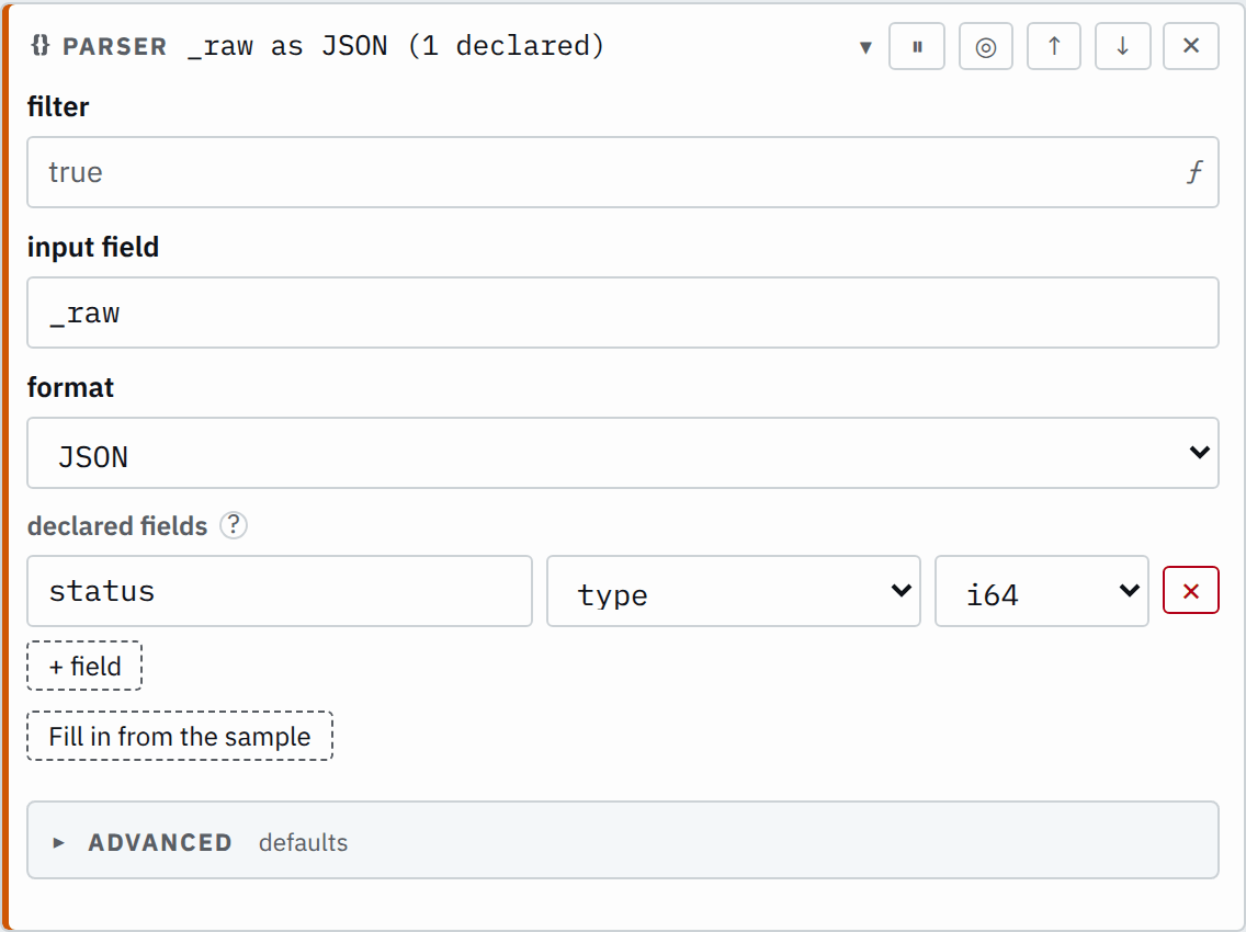 The parser step's settings in the pipeline editor