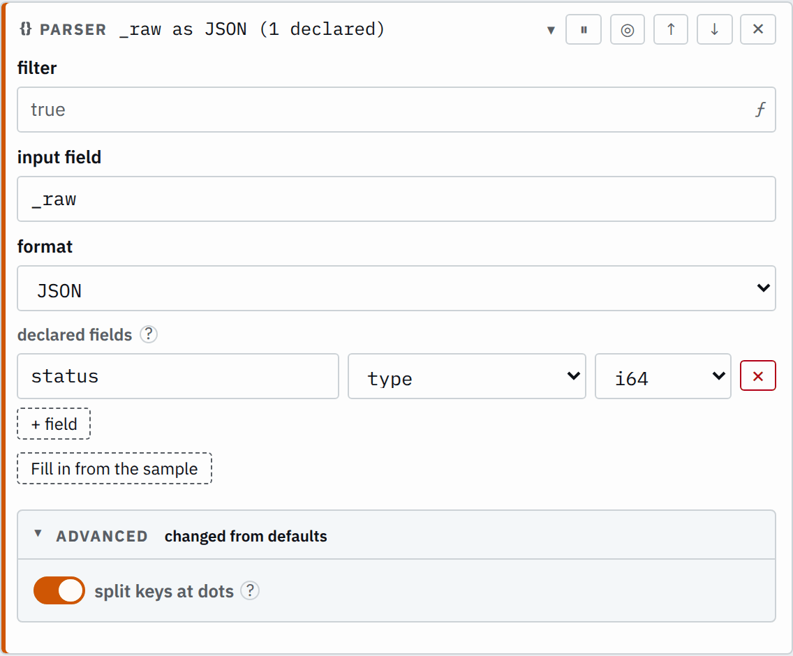The parser step's settings in the pipeline editor
