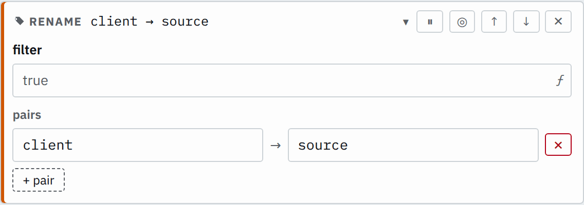 The rename step's settings in the pipeline editor