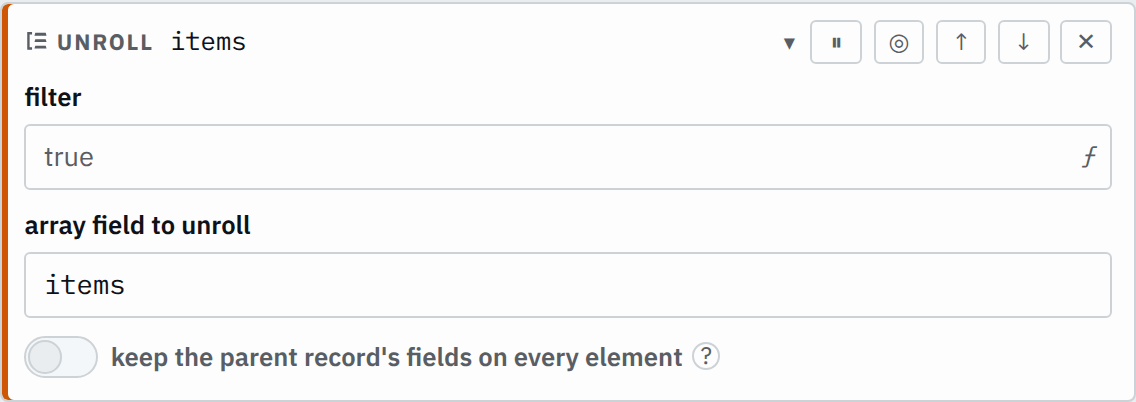 The unroll step's settings in the pipeline editor